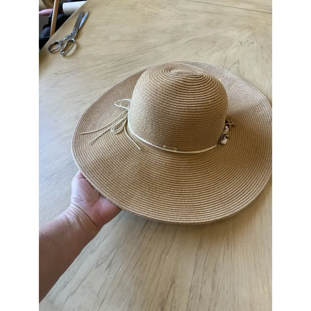 Coastal Grandma Sun 'N Sand Wide Brim Floppy Straw Hat Shell & Pearl Trim UPF 50